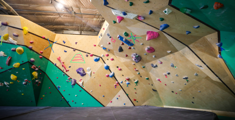 Overhanging designer rock climbing wall