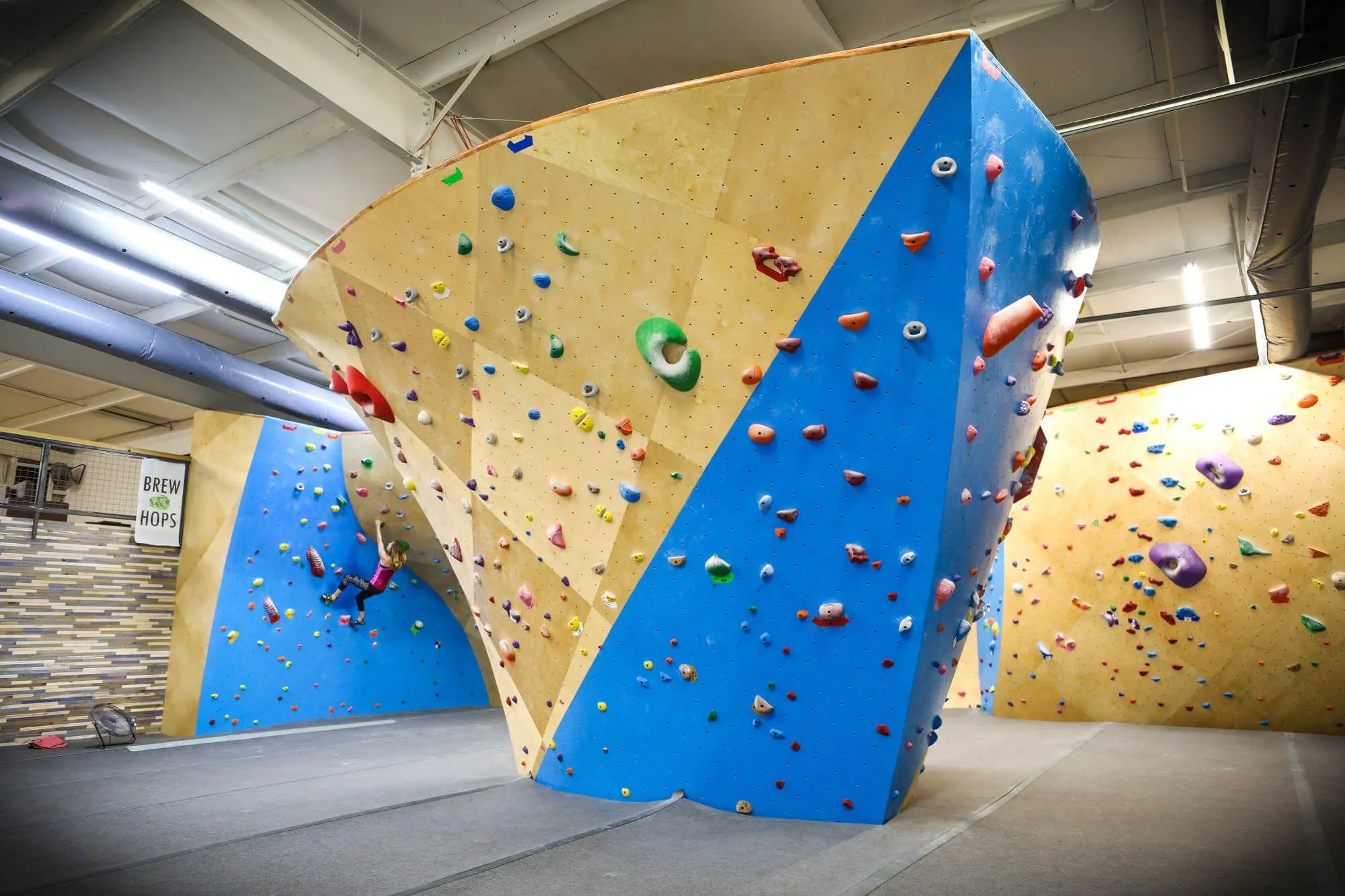 One of the multiple freestanding bouldering centerpieces at this modern indoor climbing gym, called the Funnel Boulder. Behind, you can see the walls wrap around to form the deep cave designated simply as The Wave.