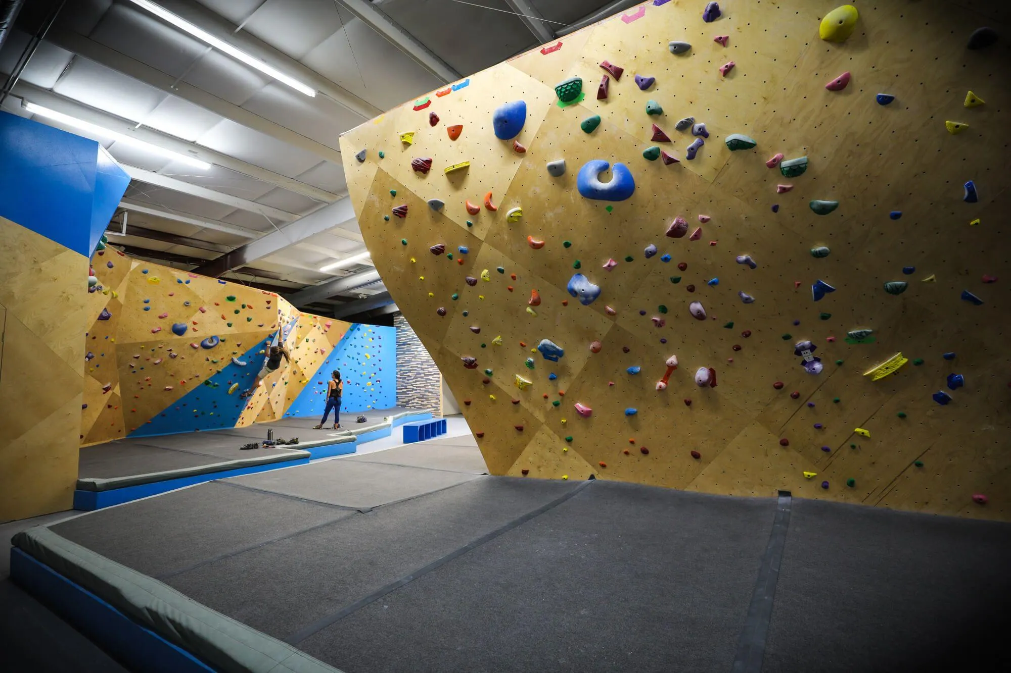 This image shows the North Wall which was built using MLM geometric designs, next to the S-Wall, clearly using ARC curved climbing walls with the same material.