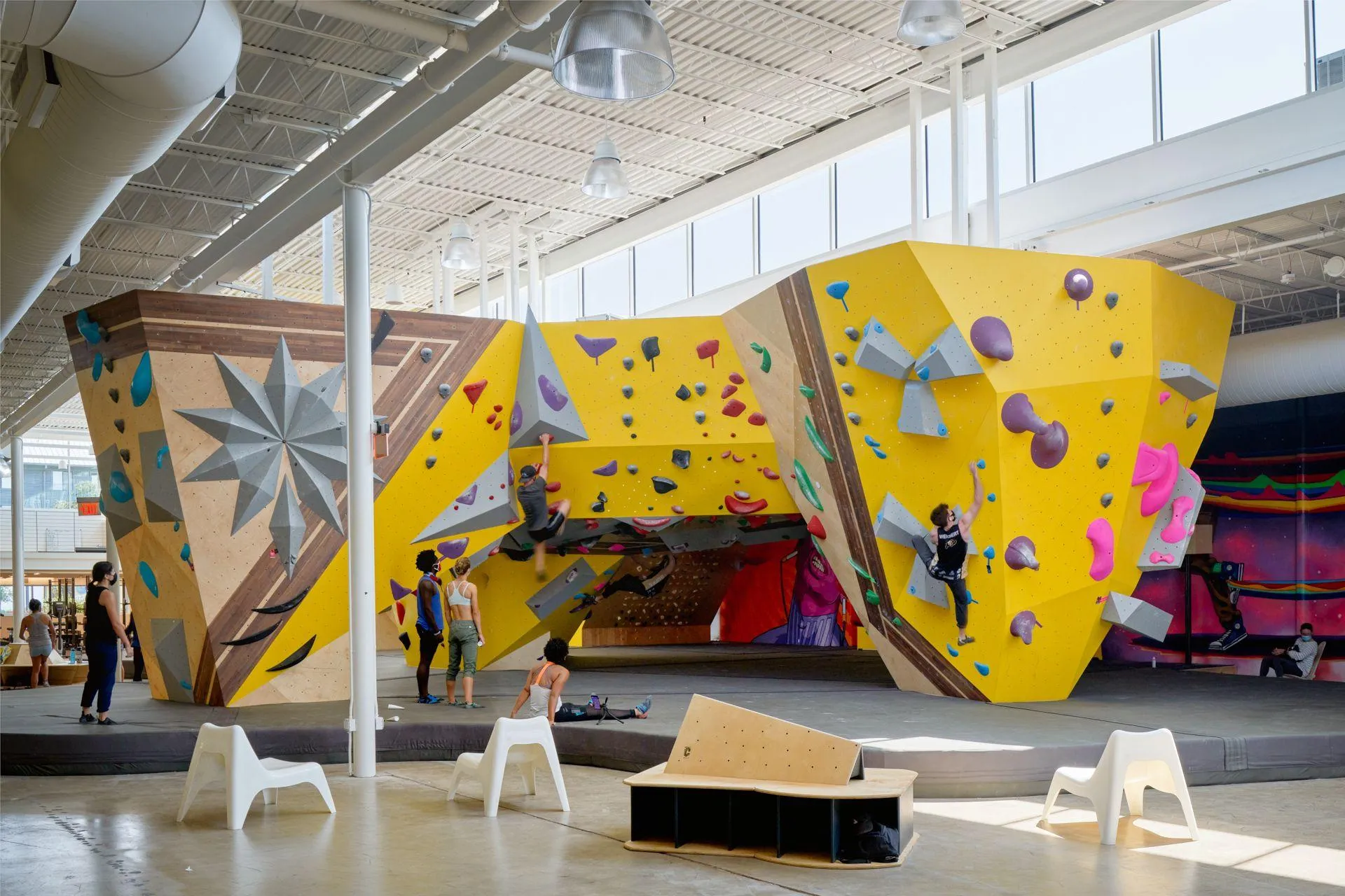Crux Central climbing gym with birch walls