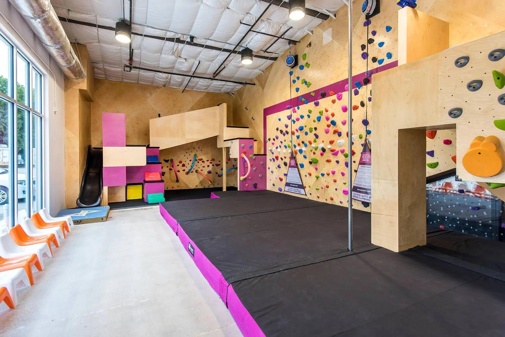 Designed for climbers 12 and under, the Panda-monium Room is a fantastic option for kids’ birthdays and other events. Outfitted with a slide, fireman’s pole and, of course, a climbing wall with auto-belays, this room keeps even the most energetic, inquisitive kids entertained for hours on end.