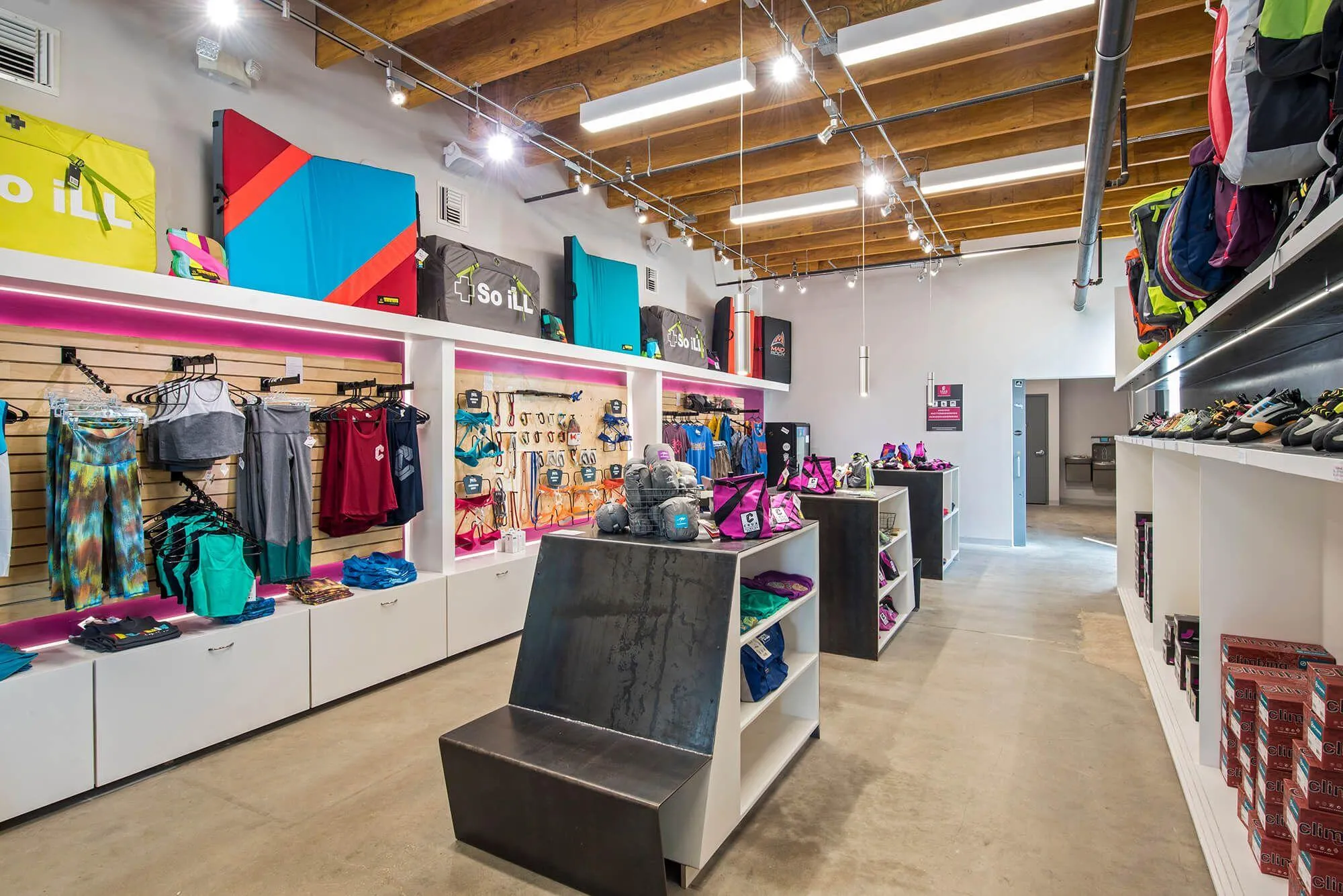 One thing we always urge our clients to do, is to consider adding retail space to their climbing gym. This example is of the best, as its well organized, well branded and draws customers in to check out the awesome gear!