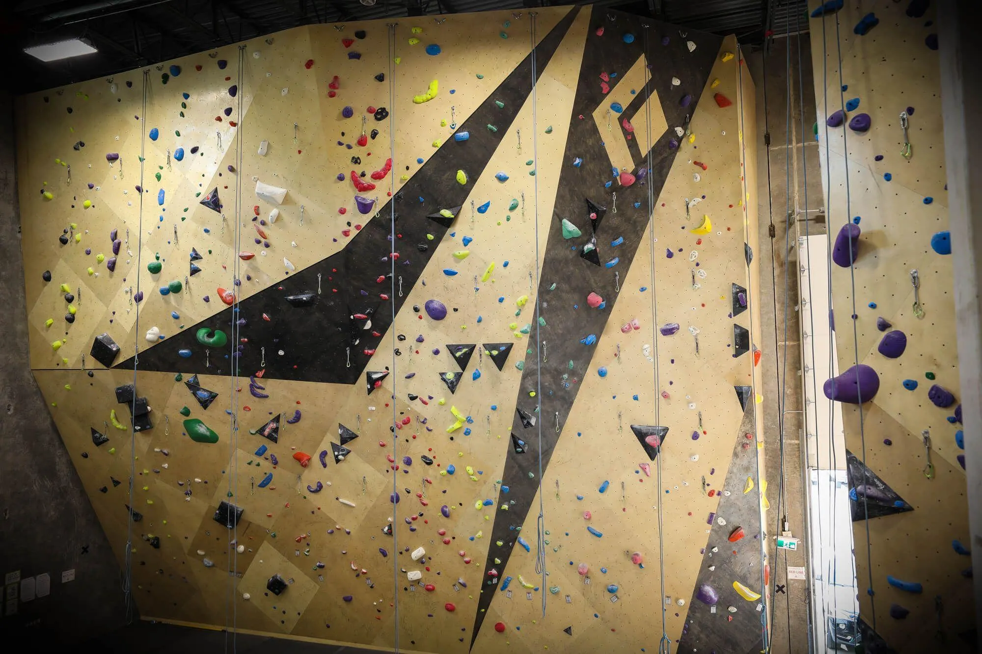 Another view of the MLM designed and built route wall area at this gym. It features challenging overhung climbing for over 40’ of height, a custom top-coat stain on specific ares to accentuate the gym’s branding and a large custom Black Diamond logo cementing their sponsorship with one of climbings biggest players.