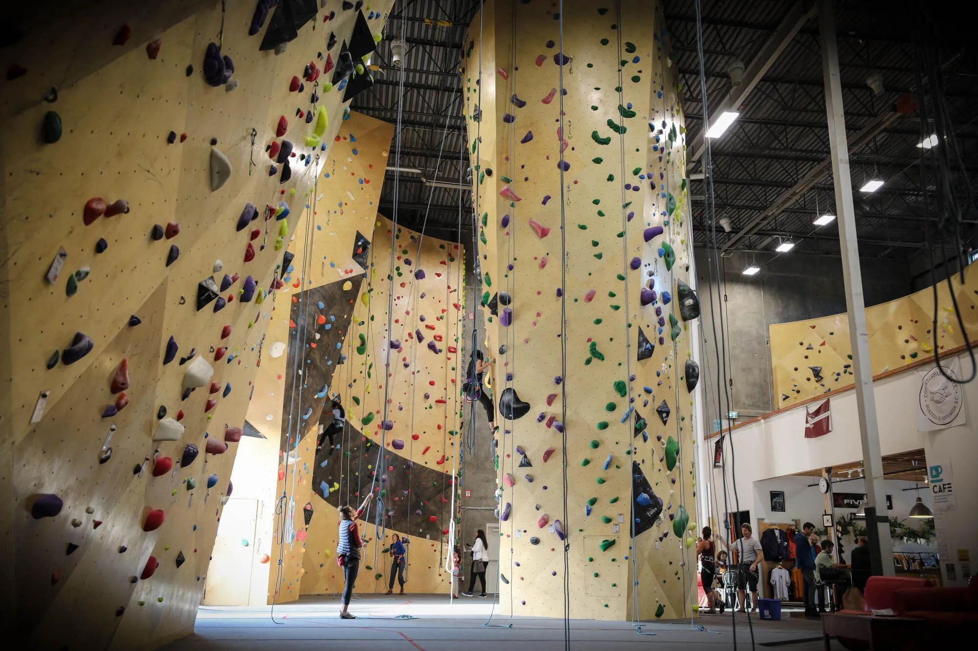 The north facing view from a corner of this impressive climbing gym with a comprehensive set of offerings. This Squamish gym is truly a climbers’ gym, with some of the hardest grading in the country, no auto-belays, dedicated training areas with campus board and tread wall as well as a pro-shop.