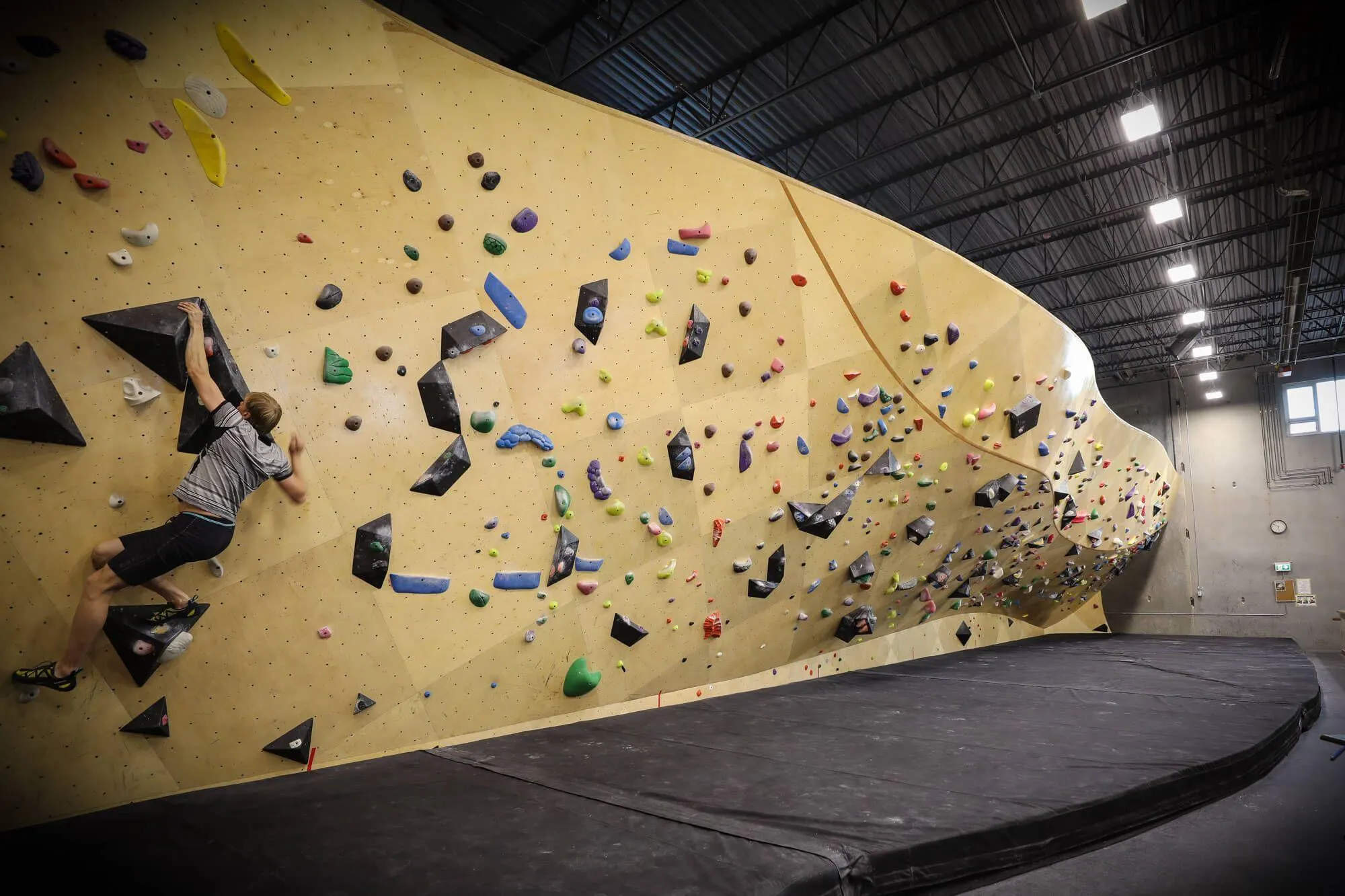Bouldering here at this Squamish gym gets its own floor. Built exclusively of ARC wall designs and construction, this wall starts polite enough but gets extremely aggressive to climbers the further down you go.