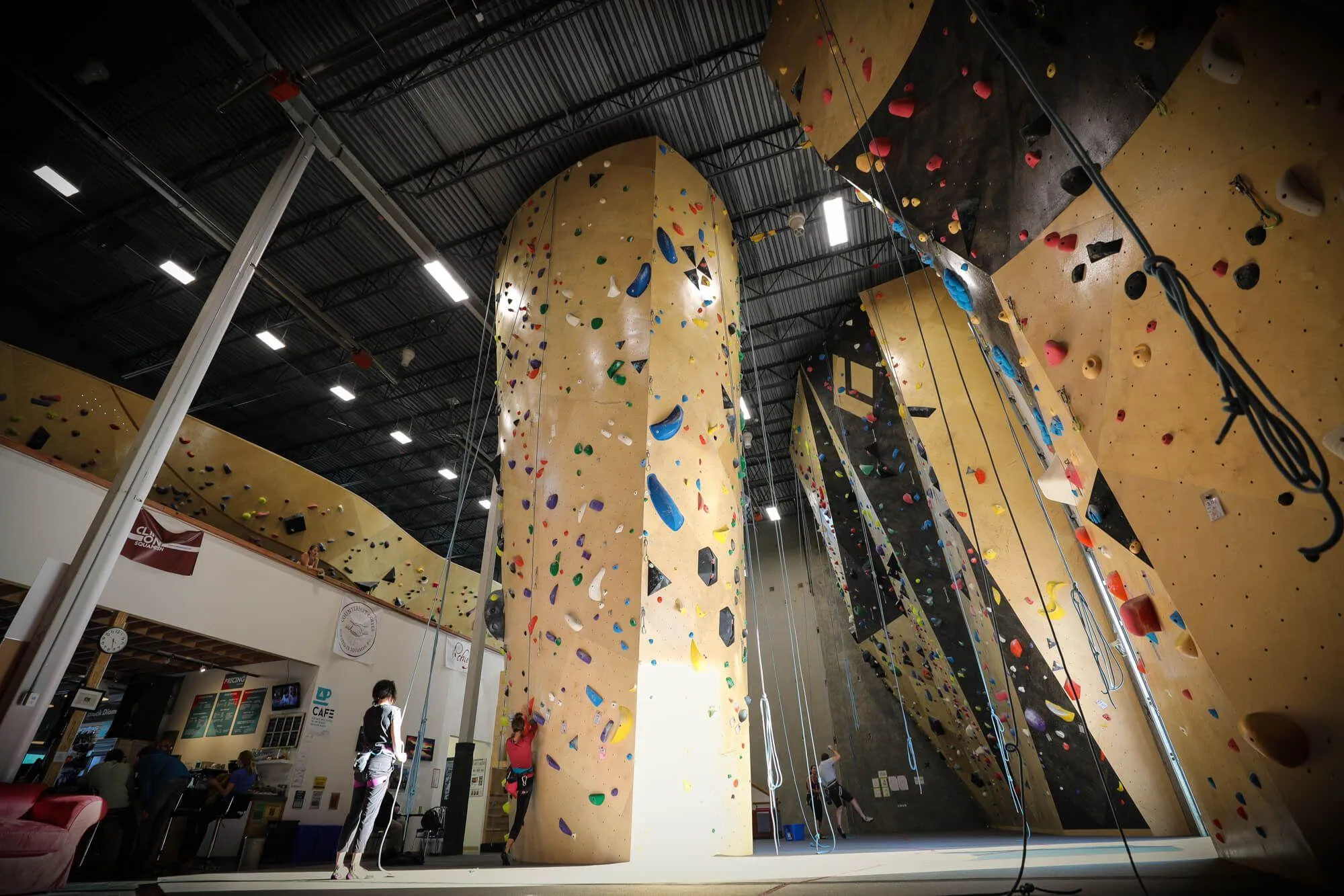 A great shot of the landscape offered at this gym, with a tall tower in the center, bouldering mezzanine, challenging overhung lead climbing walls, sharp arete nose feature on another wall and cafe to sit and relax pre or post-send.