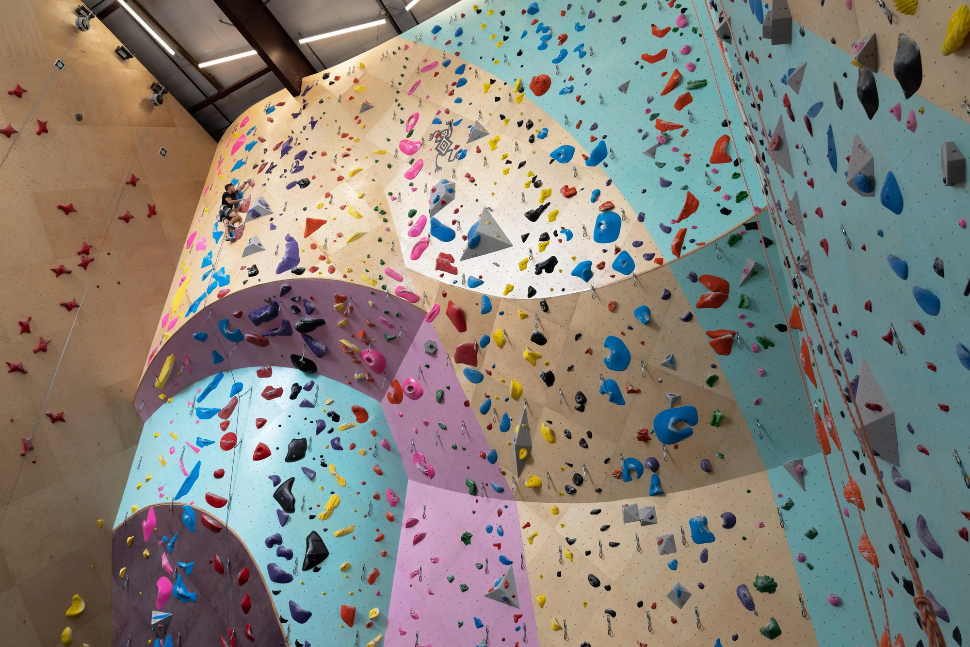Colorful painted climbing walls with sweeping curves at Sessions
