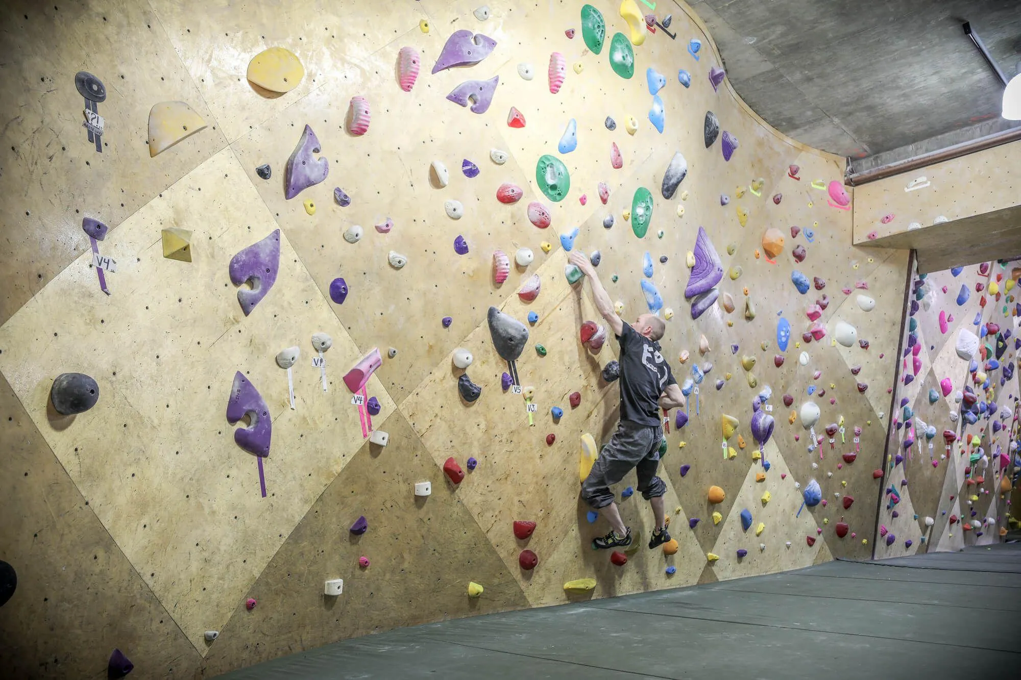 A small space like this in Manhattan, is plenty tall enough for challenging bouldering wall heights.