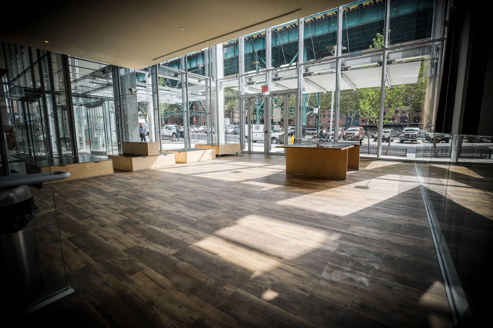 As with the original indoor climbing gym on the Upper East Side of Manhattan, this Columbia University location carries the brand's love for hardwood details throughout the entry and check-in desk as well as accent features like storage, benches and even table tennis.
