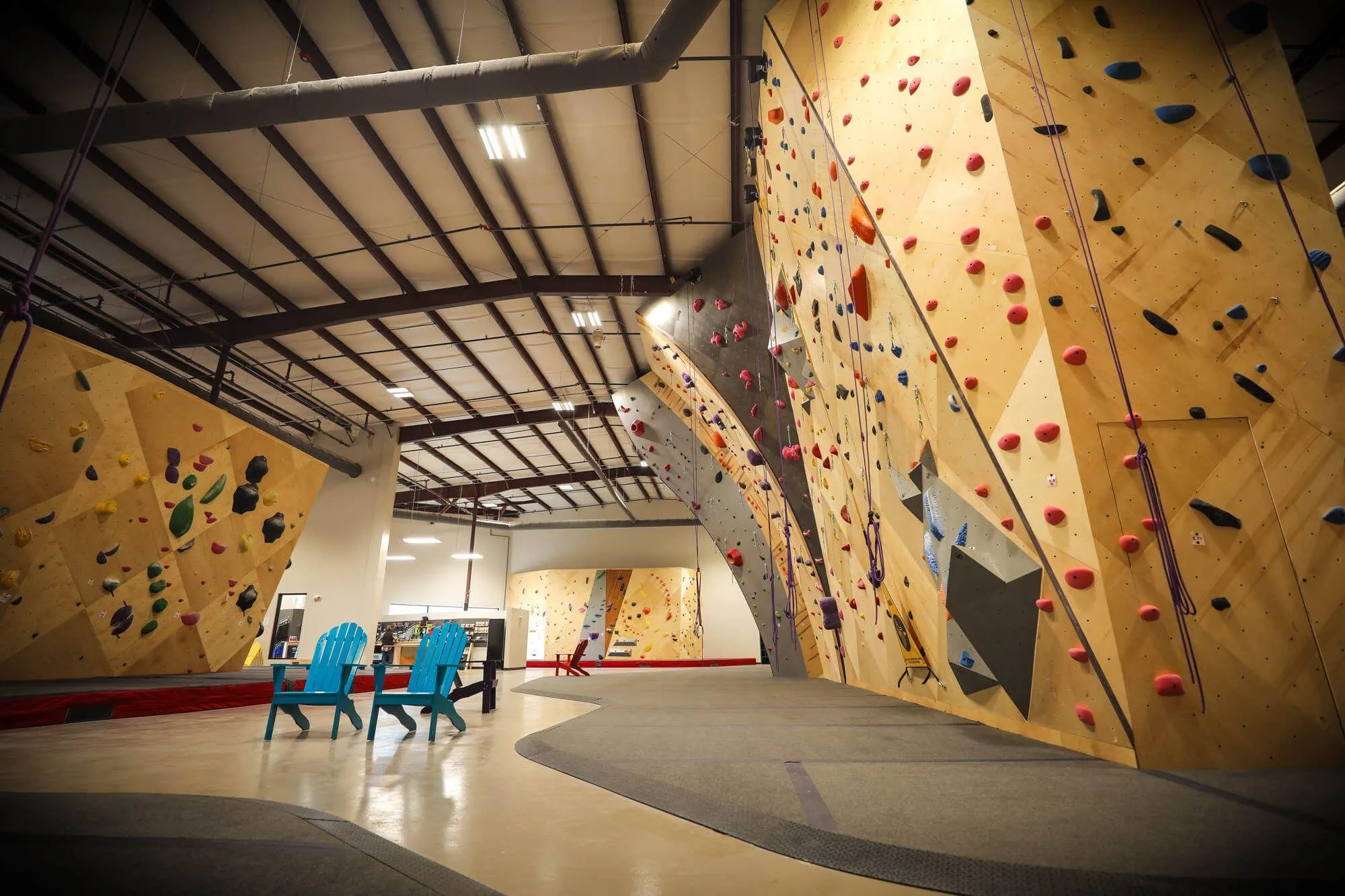 In this view you can see how Vertical Solutions transitioned from geometric MLM panels to curved ARC designs to create a massive overhung lead climbing experience. This lead section is a centerpiece for the gym and stands out immediately to anyone who enters.