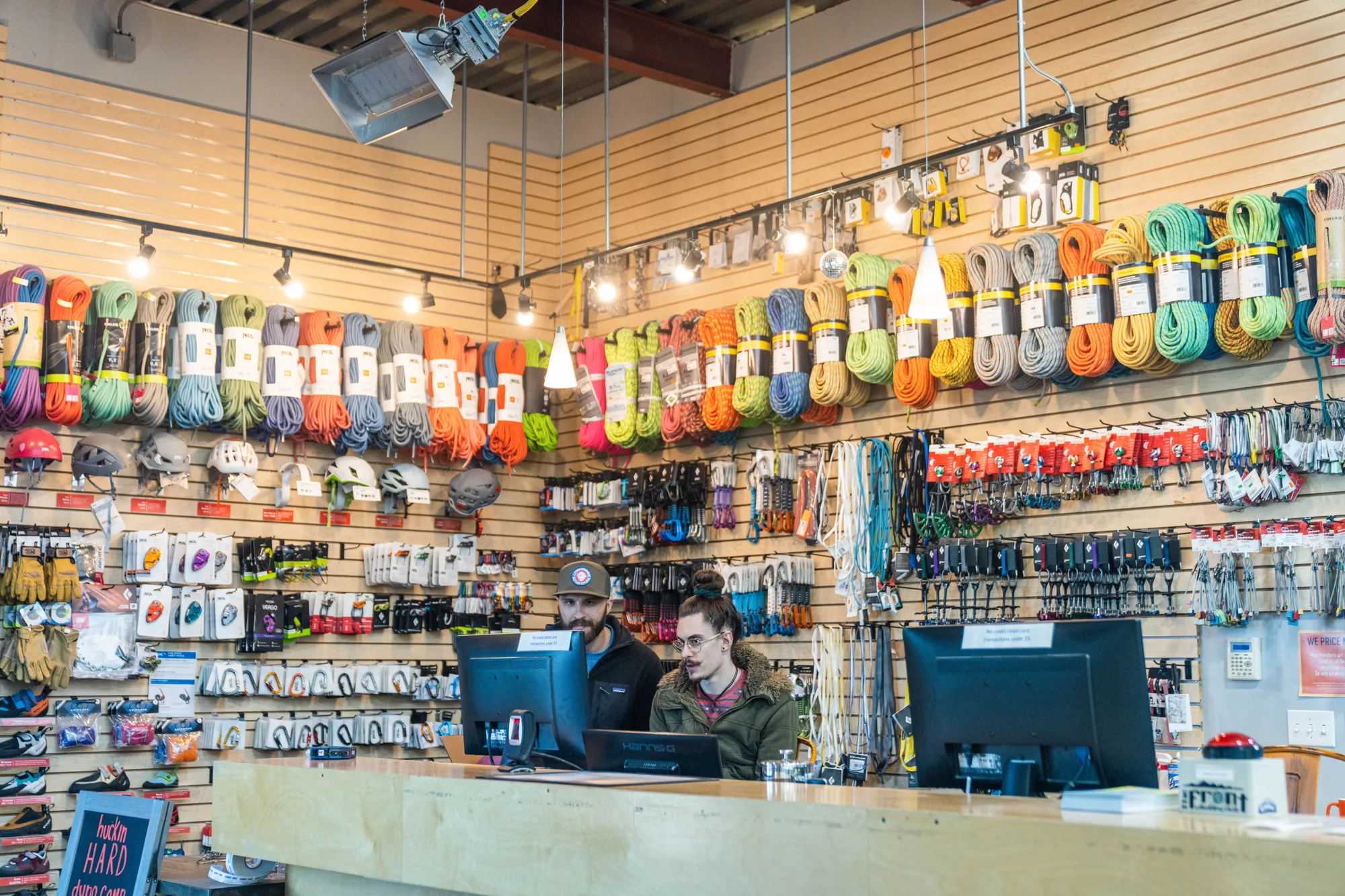 A climbing gear shop with custom shelving and seating