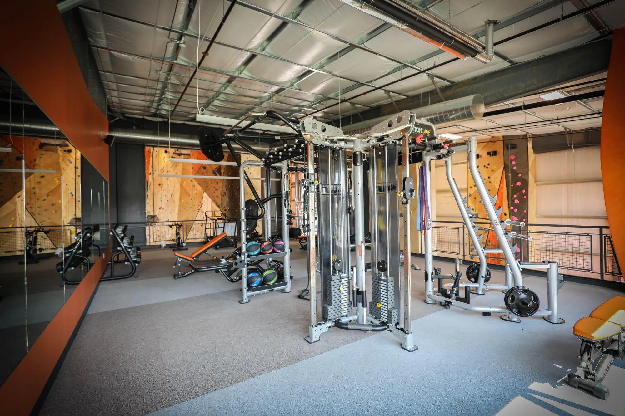 The second level fitness gym, with views of route climbing on two sides.